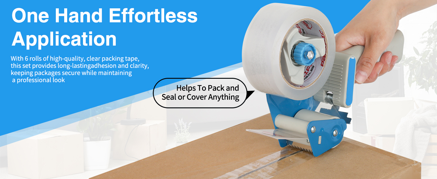 One-hand packing tape dispenser sealing a cardboard box with clear shipping tape for effortless