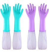 Reusable Dishwashing Cleaning Gloves with Latex Free, Long Cuff,Cotton Lining,Kitchen Gloves 2 Pa...