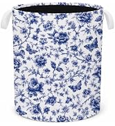 Billaion Chinoiserie Decor Laundry Basket,Blue and White Floral Decor Laundry Hamper Waterproof C...