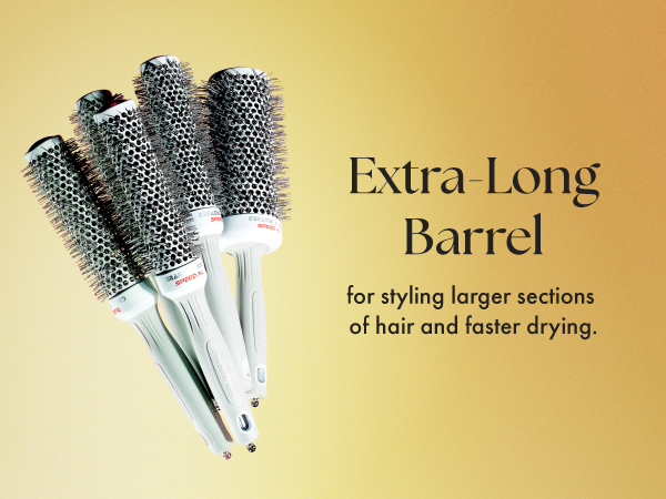 Image of five ion hair brushes with text reading extra long barrel.