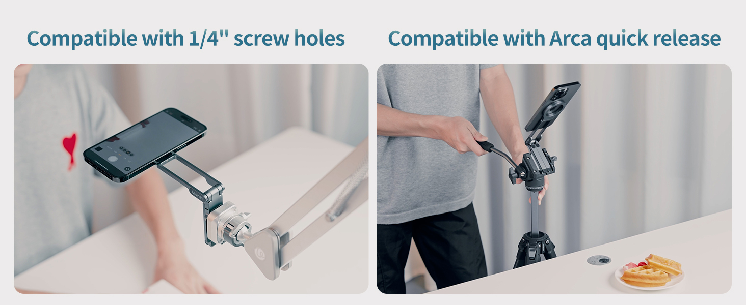 Text reads 'Compatible with 1/4" screw holes' and 'Compatible with Arca quick release'. Technical product images showing mounting hardware and compatibility features.