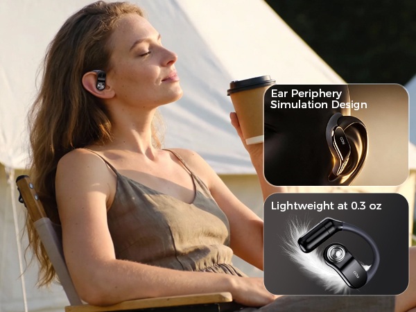 A woman relaxes with coffee, enjoying the barely-there comfort of open-ear headphones.