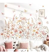 decalmile Watercolor Boho Flowers Wall Decals Wildflower Floral Grass Plants Butterfly Wall Stick...