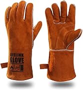 QeeLink Welding Gloves - Heat Resistant Leather and Fireproof Stitching for Fireplace Fire Pit Wo...