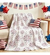 JarThenaAMCS Patriotic Fuzzy Blanket Red Blue Firework Star Throw Blanket 4th of July Soft Cozy F...