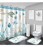 Nkzply 4 Pcs Blue Beach Shower Curtain Set Nautical Sea Turtle Bathroom Sets with Shower Curtain ...
