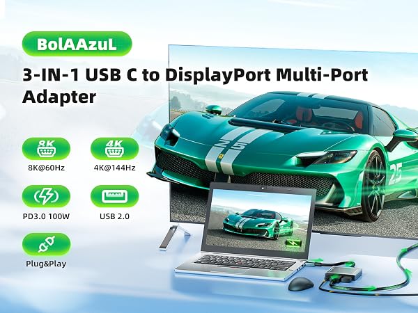USB C to DisplayPort cable Adapter 8K@60Hz, Type C to Dp Adapter for iPhone 17 Pro/15, MacBook Pro