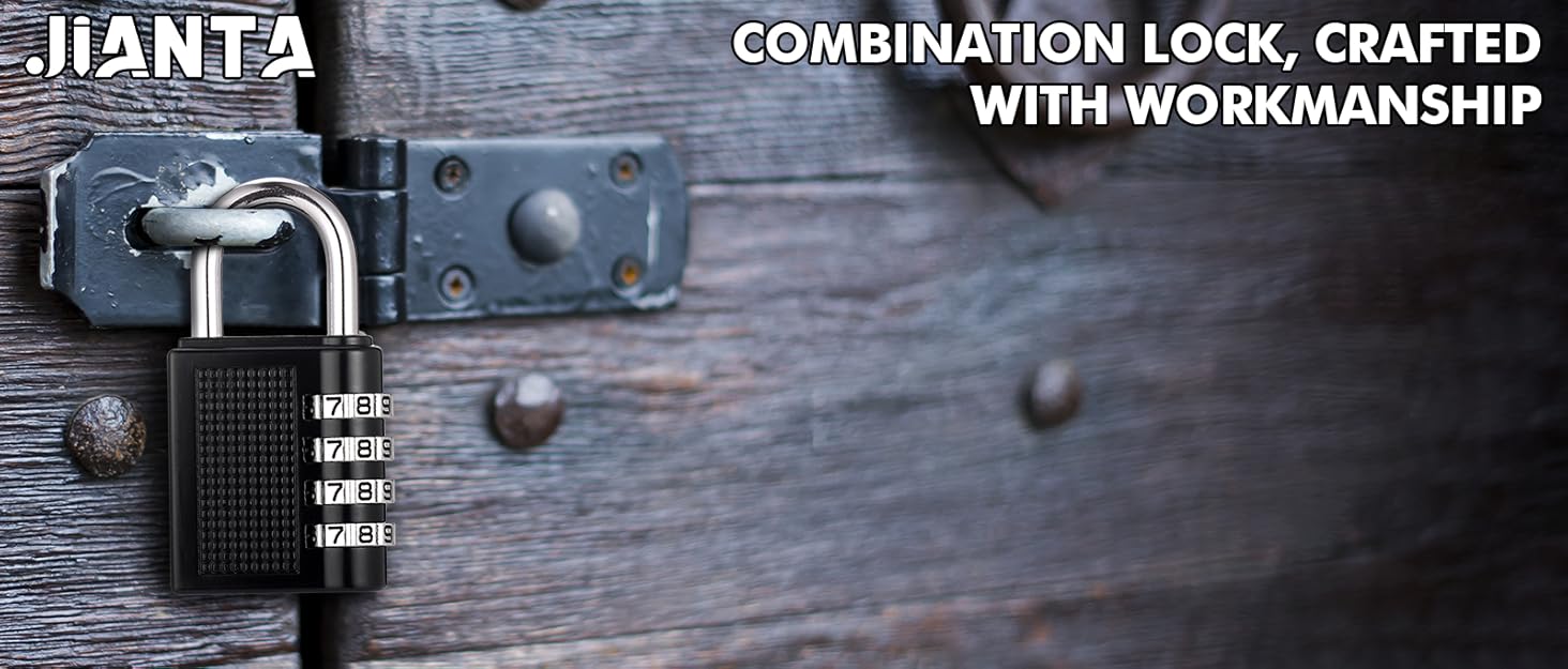 Black combination padlock mounted on weathered wooden surface, featuring numerical dials and 'JIANTA' branding.