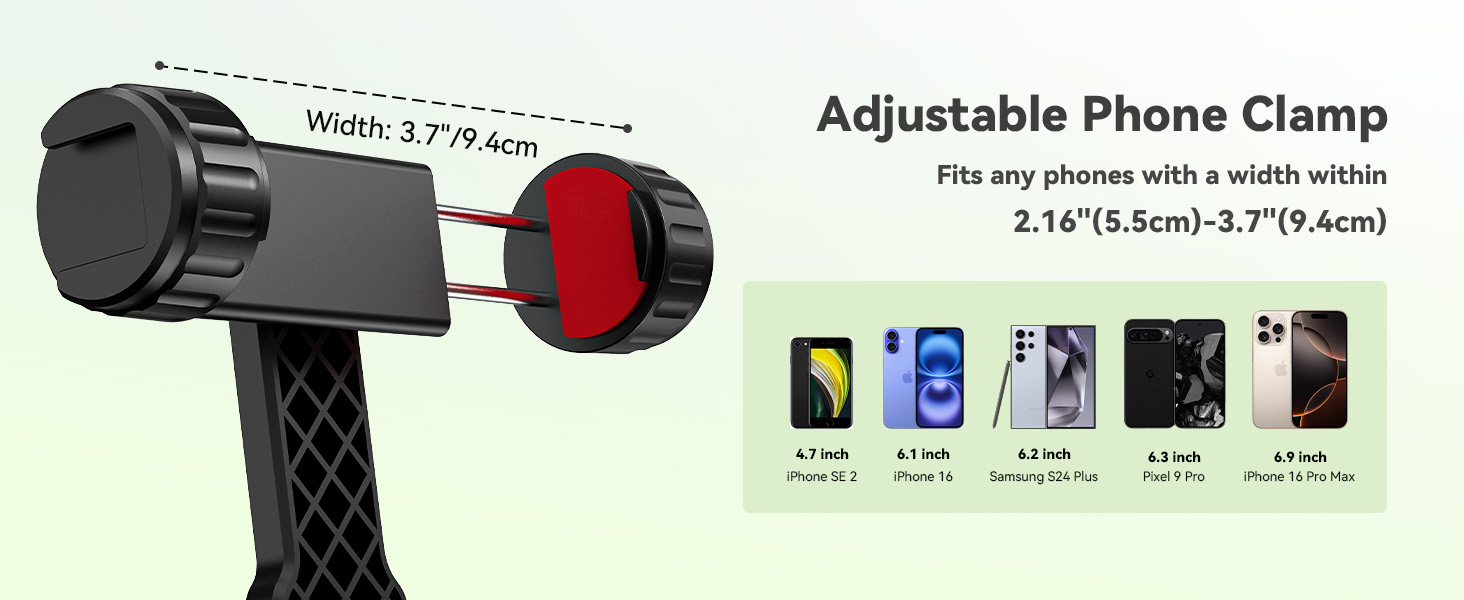 Text reads: 'Adjustable Phone Clamp' Product image showing black phone mount with red accent and multiple phone compatibility icons below.
