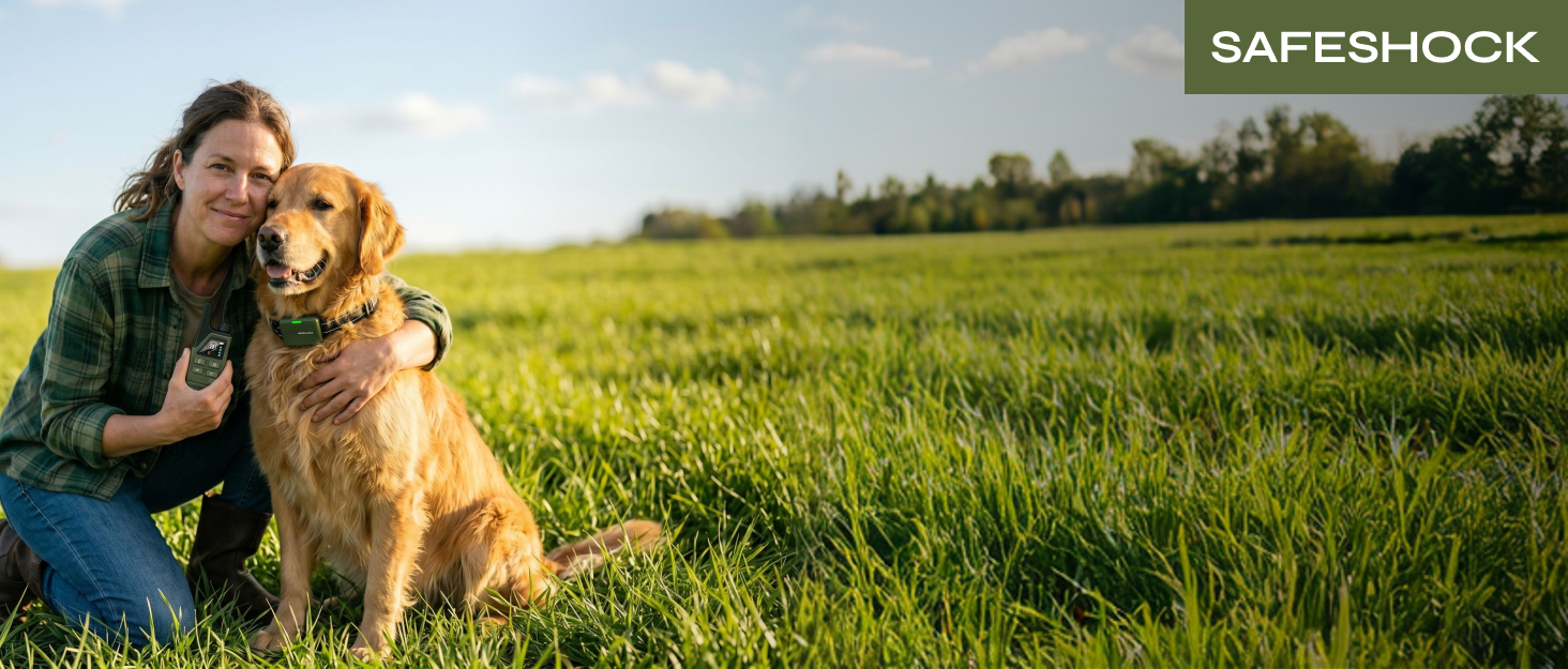 Safeshock dog trainer bonding with golden retriever in sunny green meadow
