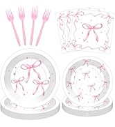 100 Pcs Pink Ribbon Bow Party Supplies Set, Serves 25 – Disposable Paper Plates, Napkins, and Pla...