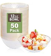 I00000 50 Pack 12 Ounce Clear Plastic Bowls Serving Bowls Hammered with Gold Rimmed, Heavy Duty D...