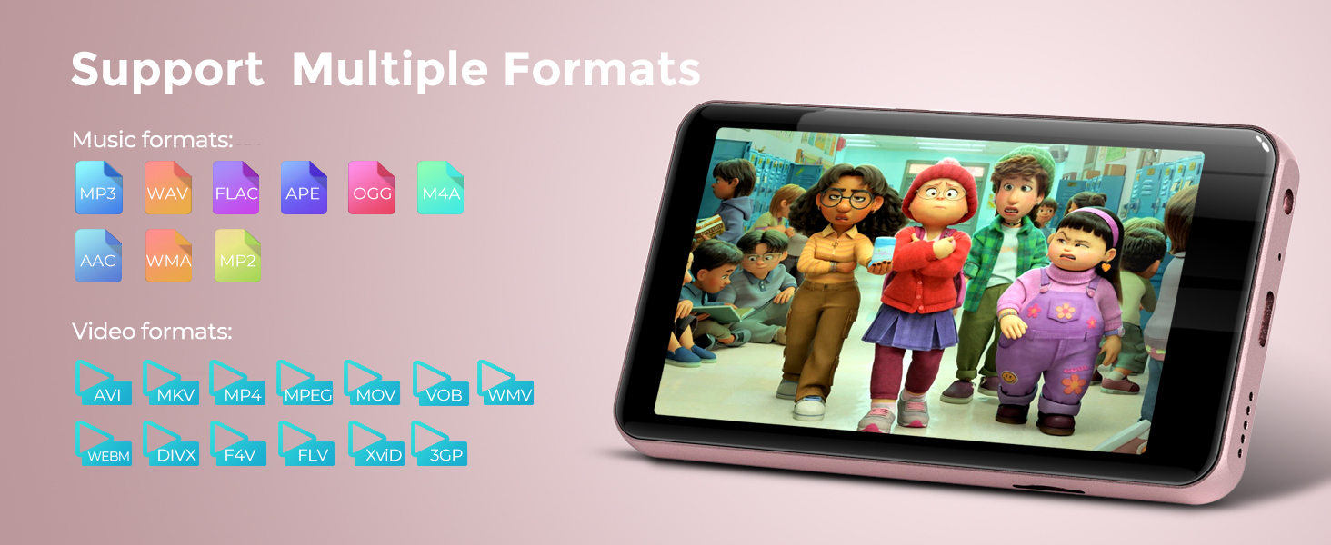 Text reads 'Support Multiple Formats'. Mobile device interface showing colorful file format icons and video playback features on pink background.