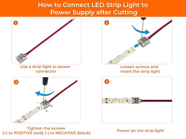 Connect 2835 LED strip to power supply by using 2-pin screw terminal block connector after cutting