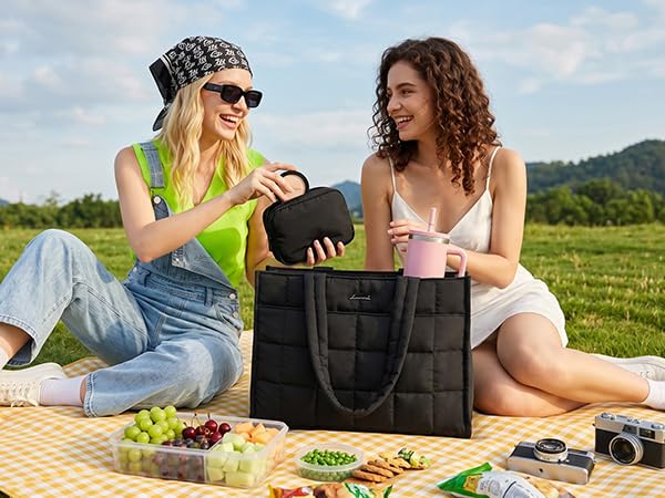 Weekend tote holds snacks, drinks and picnic essentials for outdoor leisure time with friends