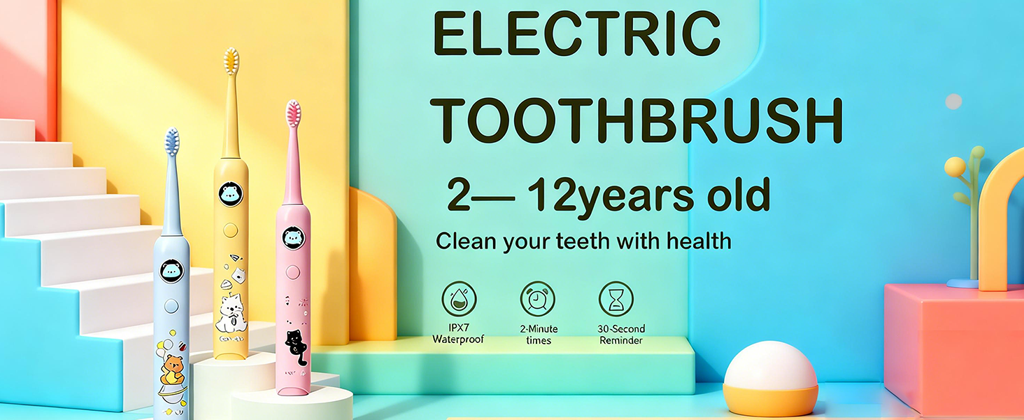 Text reads 'ELECTRIC TOOTHBRUSH' and '2-12years old'. Educational or instructional panels with text about dental care with bright teal background.