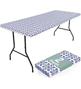 misaya 2 Pack 6 Foot Rectangle Picnic Tablecloth, Elastic Fitted Waterproof Table Cover, Windproo...