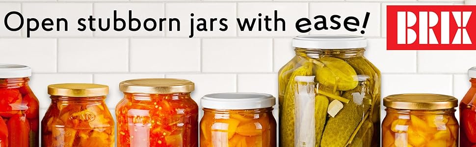 Line of assorted jars in the kitchen with the title "Open stubborn jars with ease!"