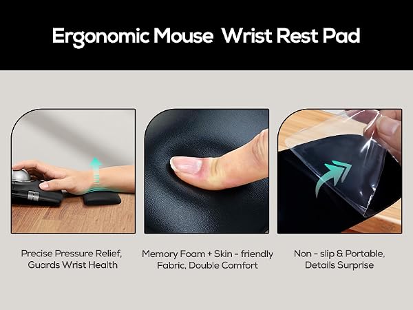 Text reads 'Ergonomic Mouse Wrist Rest Pad', 'Precise Pressure Relief', 'Guards Wrist Health', 'Memory Foam + Skin-Friendly Fabric', 'Double Comfort', 'Non-slip & Portable', 'Details Surprise'. Mouse pad with ergonomic wrist support features.