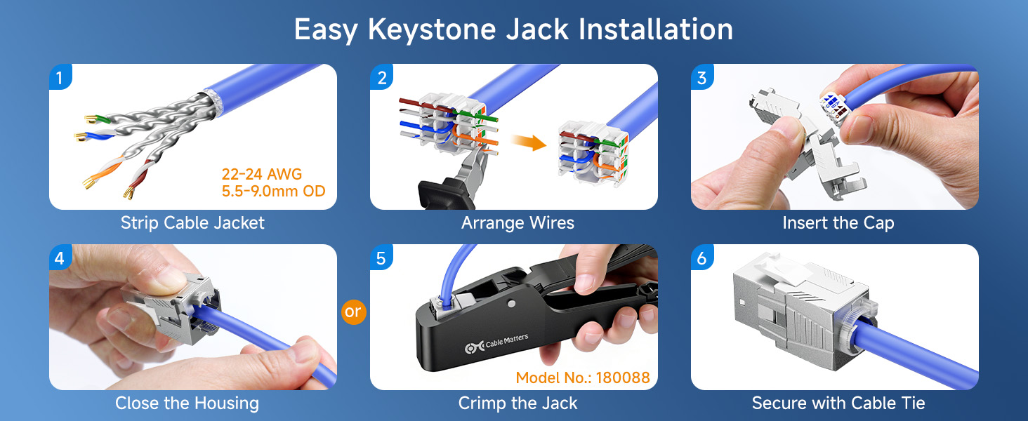 10Gbps 6-Pack RJ45 Shielded Cat6A / Cat6 Keystone Jack with Integrated Shutter