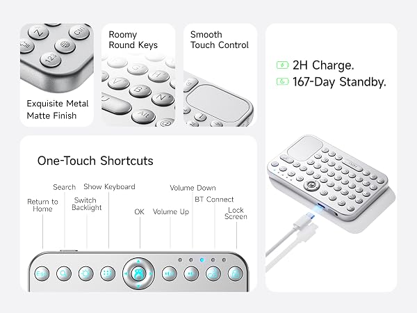 Mini keyboard feature introduction with keys, touchpad and battery data