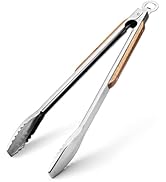 Wood-Handled Grill Tongs, 19.5"/50cm Extra Long BBQ Tongs, Heavy Duty Premium Stainless Steel Met...
