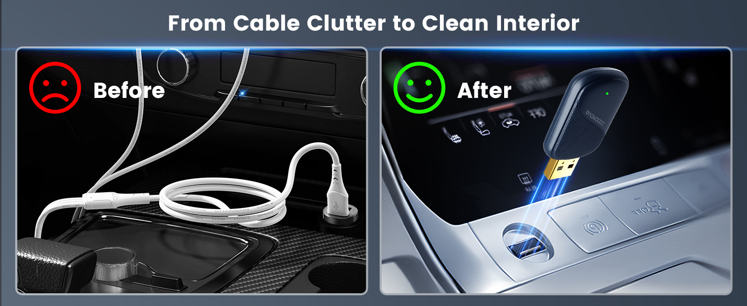 Compact car plug-in replaces tangled charging cables with clean untethered dashboard setup