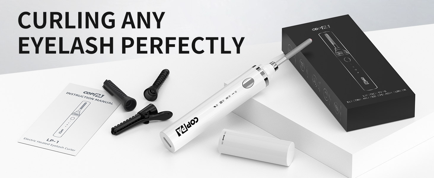 Electric eyelash curler with white handle and attachments. Includes instruction manual, box, and additional curling heads. Text emphasizes perfect curling for any eyelash.