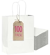 Bakepacker 100-Pack Medium Size Gift Paper Bags with Handles Bulk 10.6"x8.3"x4.3" White Party Sho...