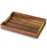 Acacia Wood Serving Tray with Golden Handles, 17x12 in Large Wooden Tray for Ottoman, Coffee Tabl...