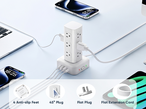16-in-1 Power Strip Tower with 4 Anti-Slip Feet, 45° Flat Plug and 6FT Flat Extension Cord