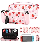 FUNDIARY Pink Travel Carrying Case for Nintendo Switch with Strawberry Design, Shockproof Accesso...