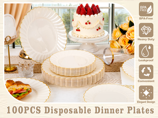 100 Pack Ivory Scalloped Plastic Plates - 7.25 Inch/10.25 Inch Gold Disposable Plates with Gold Rim