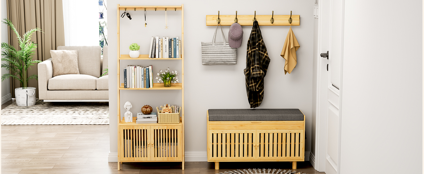 Bookshelf with 2 Doors, 4-Tier Bamboo Ladder Shelf with 6 Hooks, Tall Narrow Bookcase Book Shelf