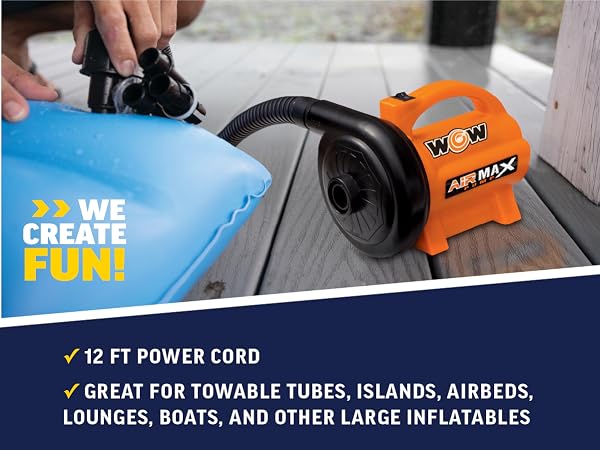 12 FT power cord, Great for towable tubes, islands, airbeds, lunges, boats, other large inflatables