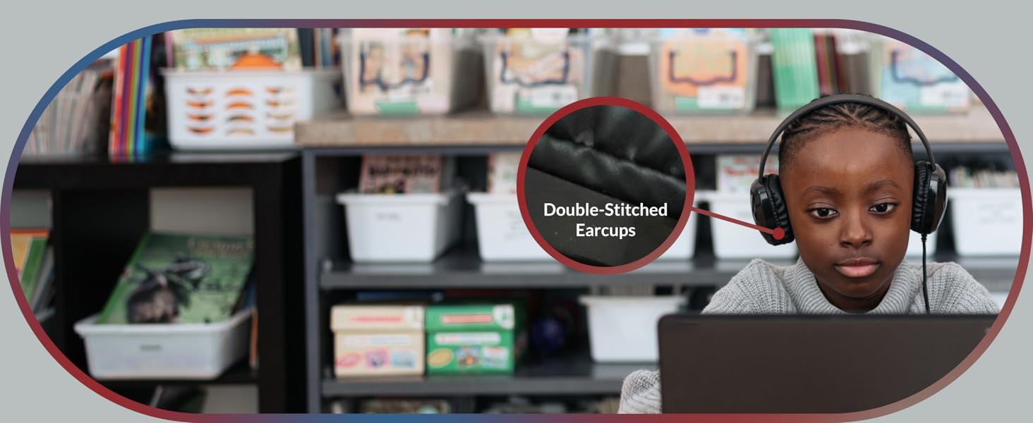 Closeup of a student sitting at their desk, featuring the AC-6014 USB-C classroom headset