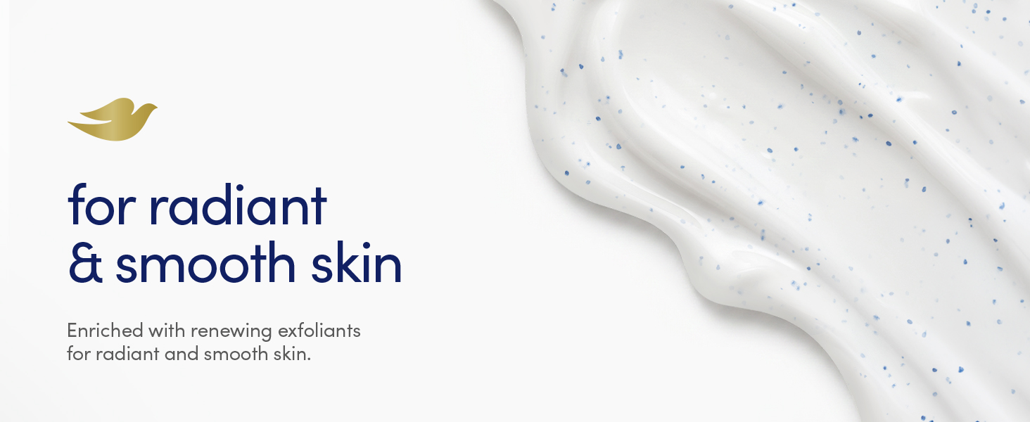 Creamy texture swatch with blue renewing exfoliants and smoothing skin benefit messaging