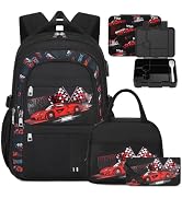 ACESAK Luminous Boys Backpack - Racing Car Bento Box with Insulated Lunch Bag Pencil Case & Utens...