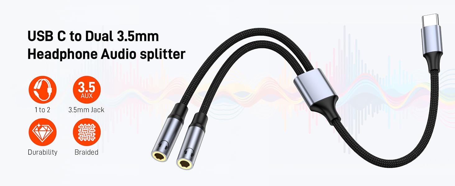 USB C to Dual 3.5mm Female Headphone Splitter