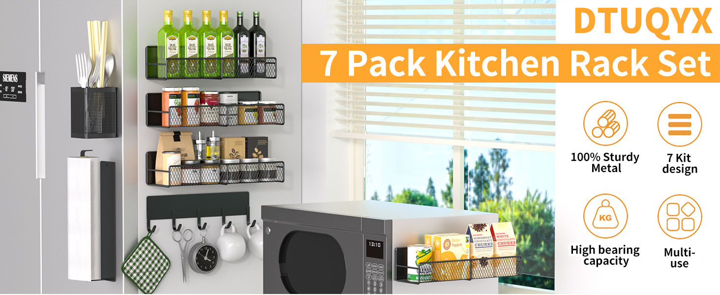 Magnetic Spice Rack for Refrigerator, 7 Pack 100% Metal Strong Magnet Shelf Black,Spice Organizer