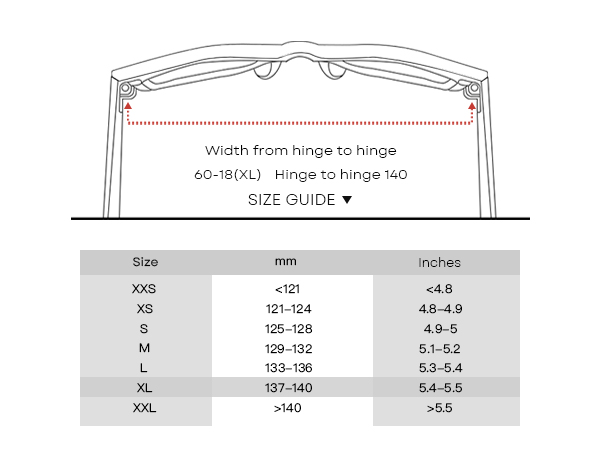 Size guide chart showing measurements from XXS to XXL in both millimeters and inches, with diagram indicating hinge-to-hinge width measurements.
