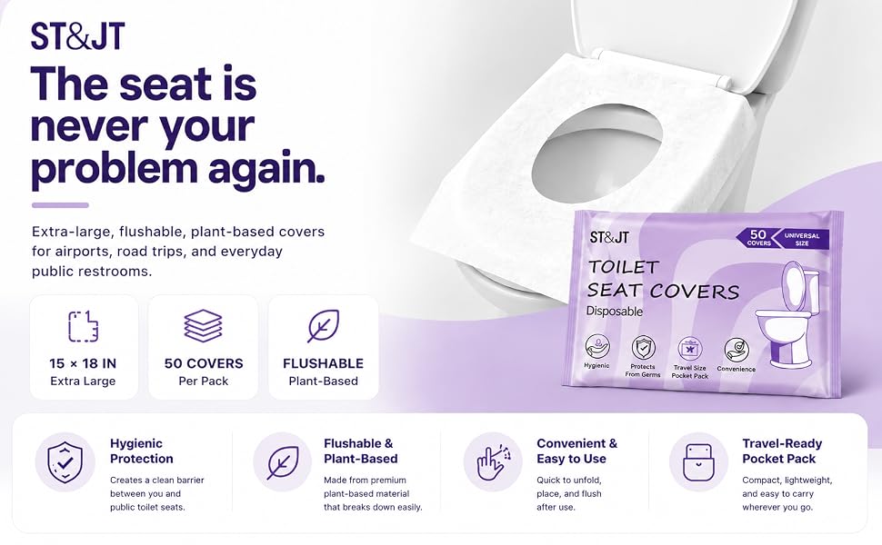 ST&JT disposable travel toilet seat cover placed over a public toilet seat