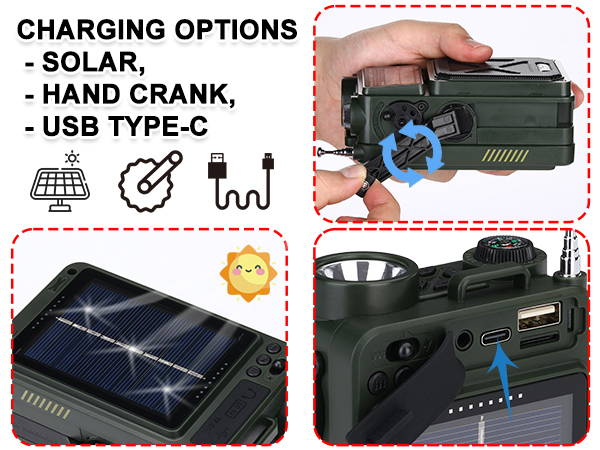 three charging options solar, hand crank, and USB C