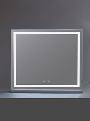 white vanity with mirror and lights