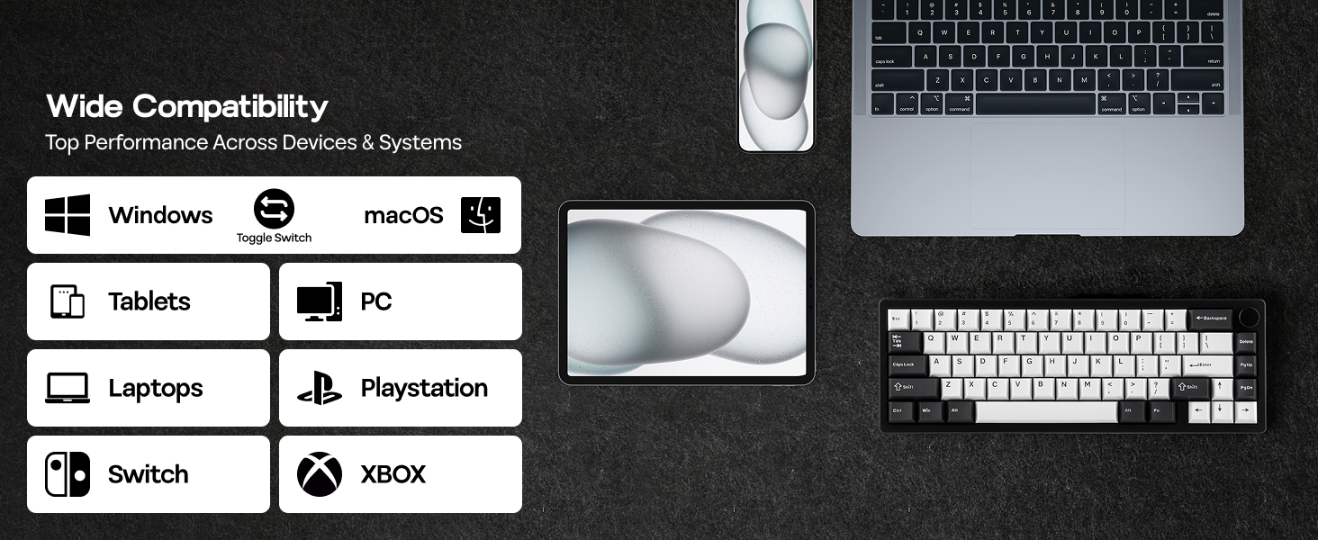 Device compatibility diagram showing icons for Windows, Mac, Linux, laptops, PlayStation, Switch, and Xbox, arranged on dark background with keyboard imagery.