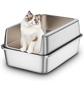 Qiuma Stainless Steel Cat Litter Box with High-Sided Metal Enclosure, Large Semi-Enclosed All-Met...
