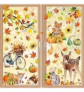 Fall Woodland Animals Window Clings, 9 Sheets 68 Pcs Autumn Squirrel Fox Rabbit Window Decals Sti...