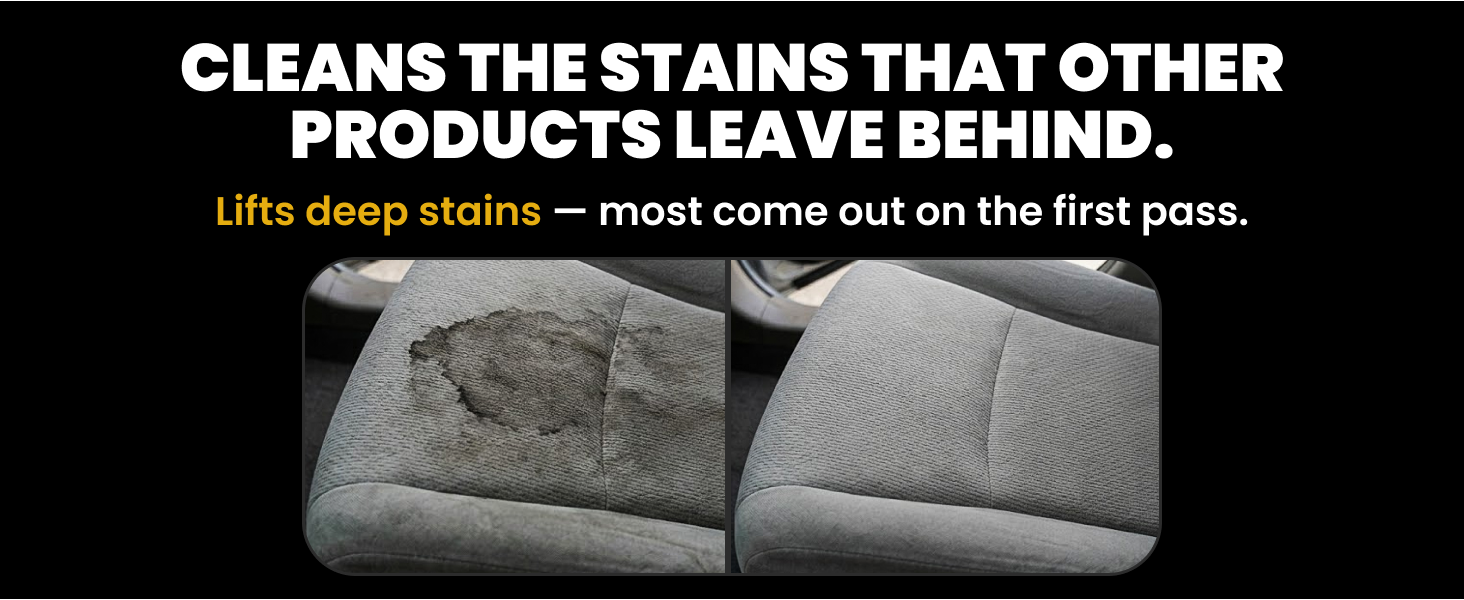Before and after of a gray cloth seat showing a deep stain lifted from the fabric