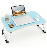 BUYIFY Folding Lap Desk, 23 Inch Portable Wood Blue Laptop Bed Desk Lap Desk with Cup Holder, for...