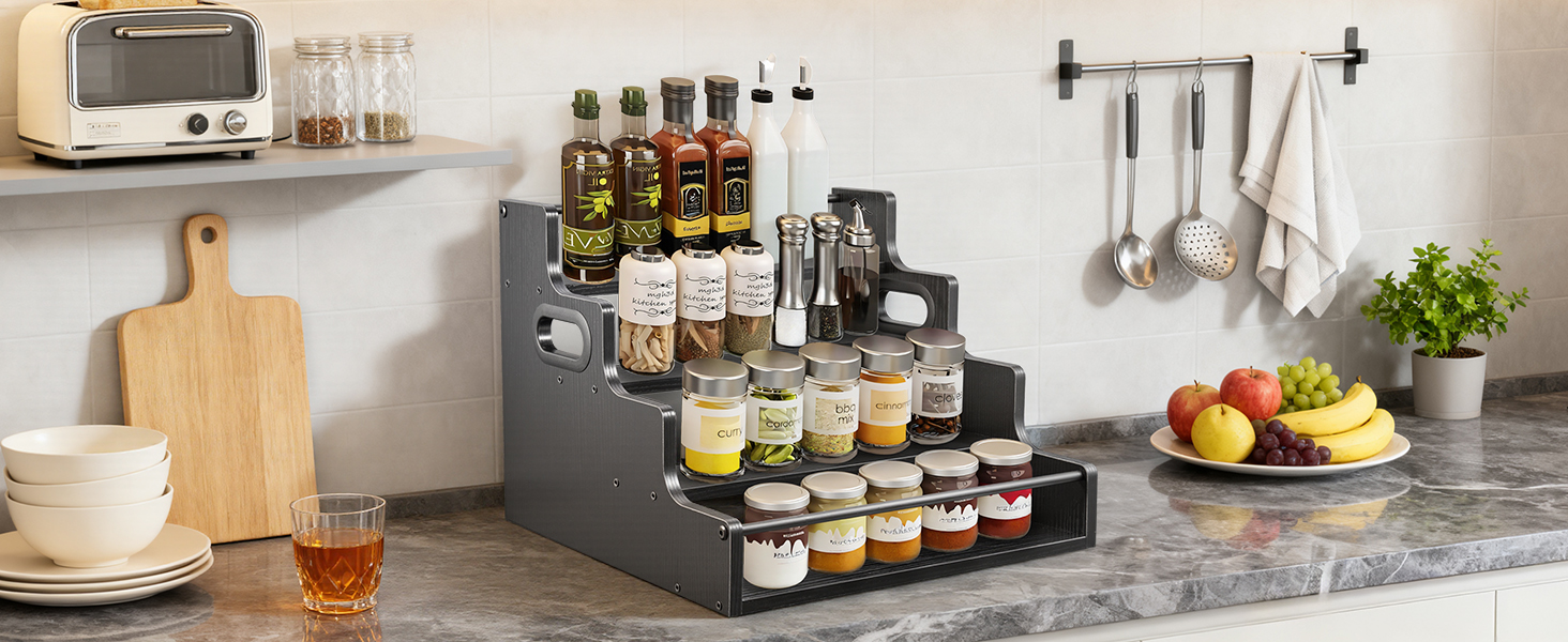 Kitchen spice rack organizer, rustic 4-tier seasoning bottle holder for countertop storage.